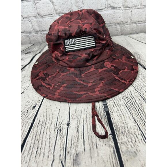 American Patriot Red Camo Bucket Hat Boonie Vented Snaps Adjustable Fishing - Picture 1 of 4